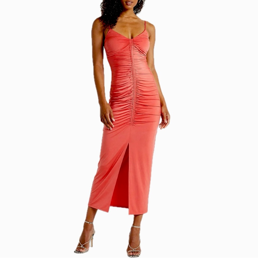 Express Coral Orange Body Contour fitted  Ruched Dress spaghetti straps small